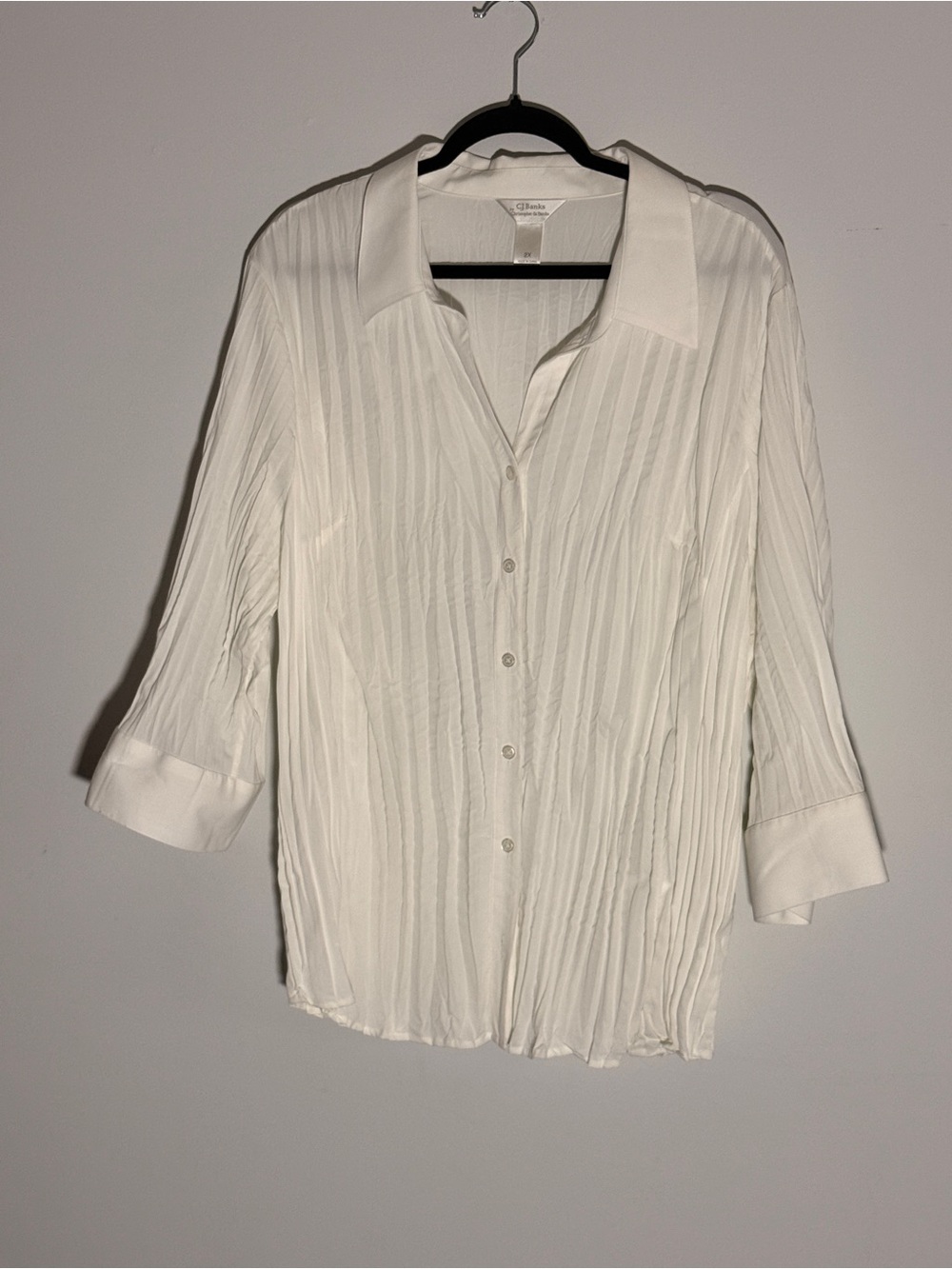 CJ Banks White Pleated Button-Front Blouse